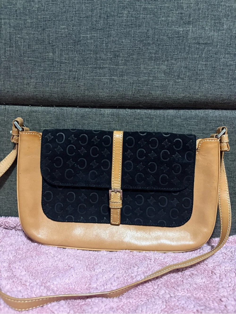 Celine Black Suede & Tan Leather Shoulder bag